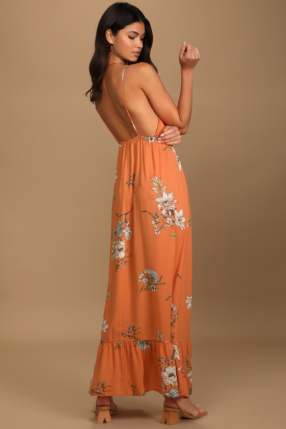 Orange Floral Print Dress - Surplice ...